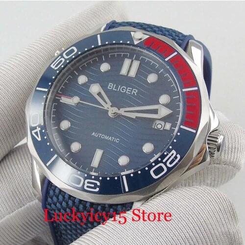 BLIGER Top Brand 41mm Automatic Wristwatch Date Window Sapphire Glass Blue Band Ceremic Bezel