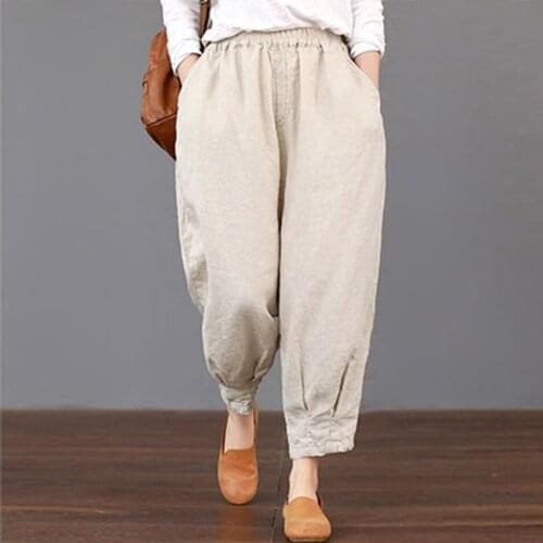 2021 ZANZEA Summer Trousers Women Pockets Solid Loose Elastic Waist Harem Pants Cargo Baggy Cotton Linen Pantalon