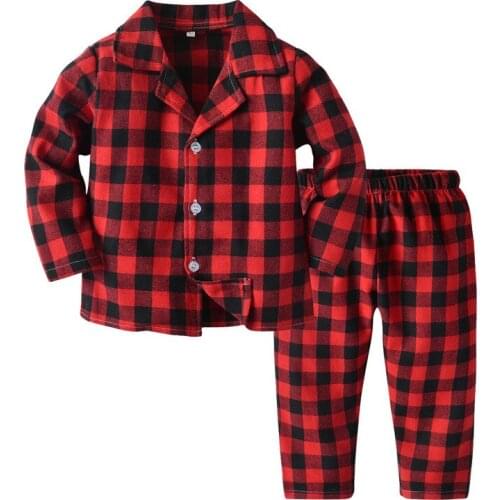 Kids Long Sleeve Single Button Plaids Design Brife Style Home Wearing Soft Clothing Sets 100% Cotton Cotton Sets