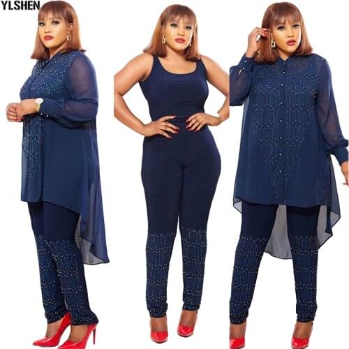 3 Piece Set African Dresses for Women Dashiki Button Diamond African Dress Bodycon Top + Pants Clothes Plus Size Africa Clothing