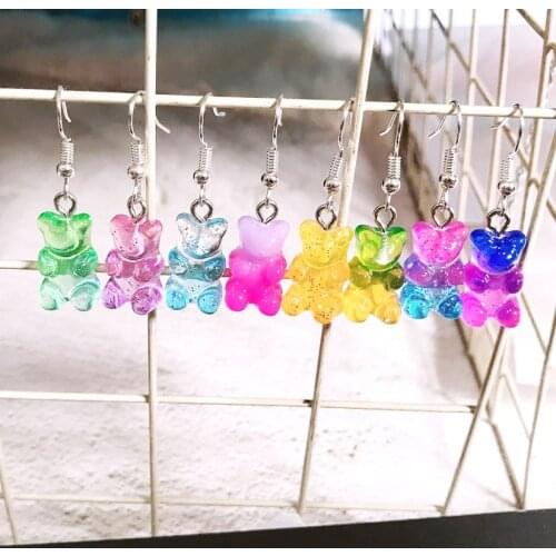 Fashion Funny Cute Mini Glitter Gummy Bear dangly Earrings popular Lovely Little Animal rainbow bear Dangle Earrings Candy Color