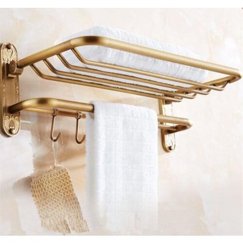Towel Racks Copper Bath Towel Holder Wall Mounted Antique Brass Foldable Bath Towel Rack Towel Holder With Hooks Bath Hardware