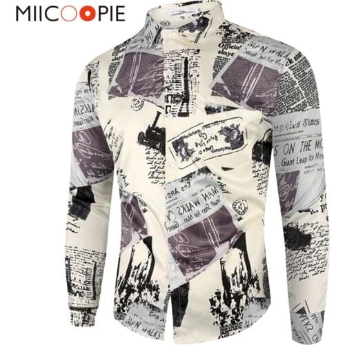 New Vintage Shirts Mens Long Sleeve 2020 Korean Fashion Casual Newspaper Floral Print Social Camisas Dress Shirt Men Streetwear