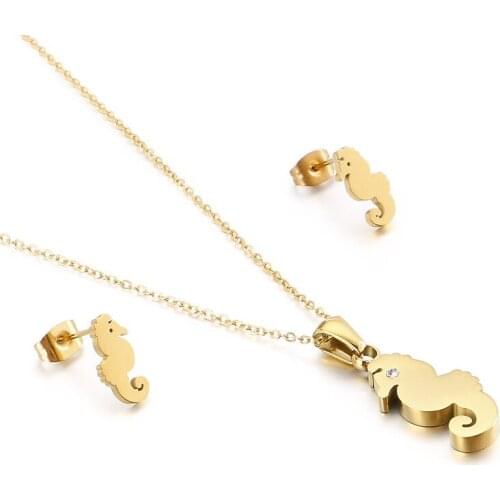 Two-piece stainless steel necklace and earrings new creative seahorse animal jewelry