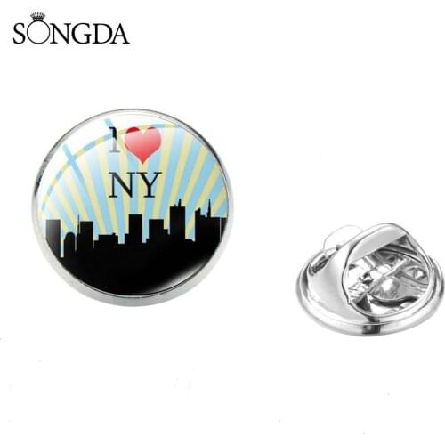 I Love NY New York Brooches Pins Art Photo Glass Snap Retro Pattern Glass Cabochon Lapel Pin For Friends Jewelry Gift