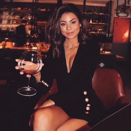 Modern Gold Button Black Dress Long Sleeve Deep V Neck Sheath Mini Formal Femme Dress