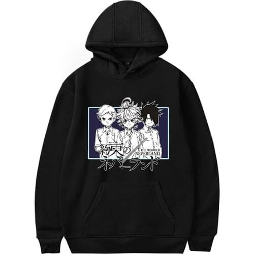 Japan Anime Print The Promised Neverland Hoodies Sweatshirts Black White Tops Men Women Hooded Pullover Long Sleeve Hoodie Hoody