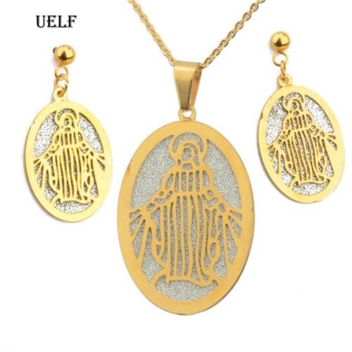 UELF Catholic Jewelry Set - Stainless Steel Hollow Lace Earring and Pendant Necklace with Virgin of Mary Guadalupe Engraved