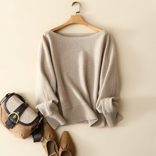High quality 100% cashmere slash neck sweaters women europe fashion batwing sleeve chic pullovers knitted warm knitwear female