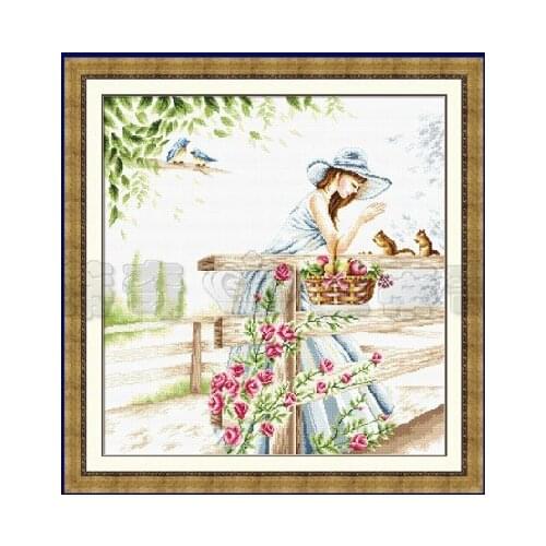 Top Quality Beautiful Lovely Counted Cross Stitch Kit Beauty in the Forest Lady Girl with Squirrel dome