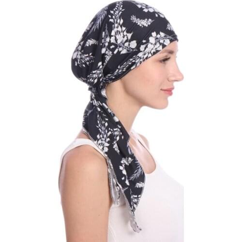 Printed Women India Hat Muslim Ruffle Cancer Chemo Beanie Scarf Turban Two Tail Wrap Cap Beanies Apparel Accessories
