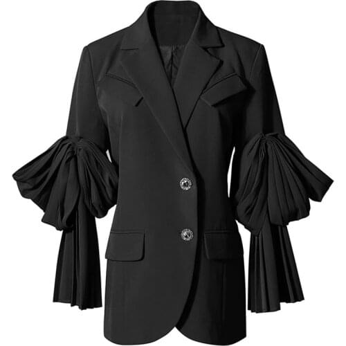 Black Pleated Irregular Blazer Women Lapel Long Flare Sleeve Outerwear Vintage Loose Fit Jacket 2021 New Spring Autumn Clothing