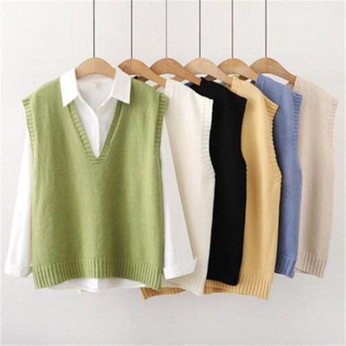 2021 Korean Student Sleeveless Female Vintage Vest Sweater Women Vest Simple Solid Color Style Casual V-neck Knitted Sweater