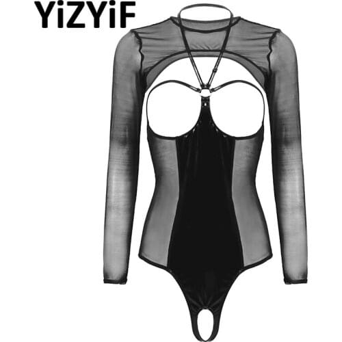 Womens Sexy Open Cup Lingerie Set Erotic Back Lace-up Open Cups Crotchless Bodysuit Lingerie With Long Sleeves Mesh Shrug Tops