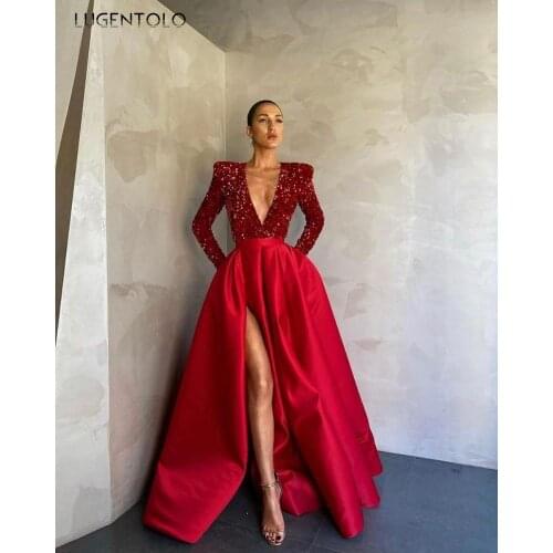 Women Party Dress Sexy Deep V-neck Long Sleeve Sequins Dresses Female Split Fork Big Swing Dinner Long Dress
