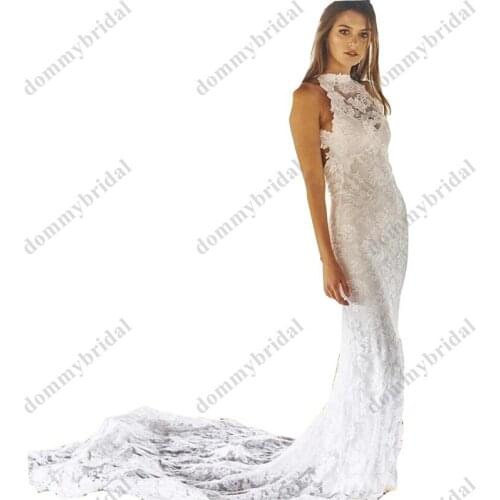 2022 Sheer Neck Keyhole Back Sheath Lace Wedding Gowns Court Train Cheap Designer African Beach Country Style Long Cheap