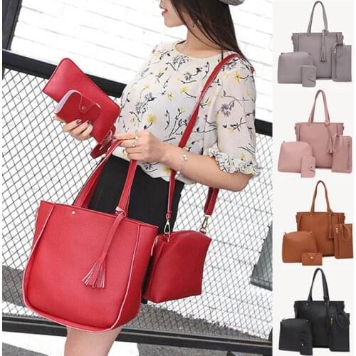 4pcs Set Crossbody Shoulder Composite Bag Handbag Wallet Tassel PU For Women Lady Best Sale-WT