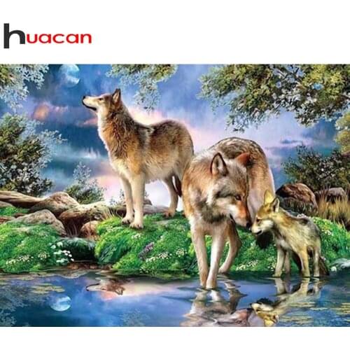 Huacan 5d Diamond Painting Wolf Diamond Art Embroidery Animal Natural Scenery Mosaic Home Decor Wall Stickers