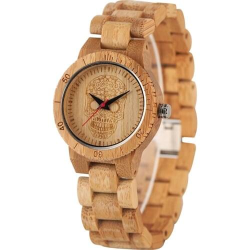 Full Wood Watch Men Quartz Flowers Skull Design Round Wooden Bangle Wristwatches Trendy Cool Womens Watches Unisex Clock Gifts