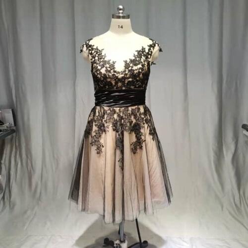 Custom made black tea length black prom dresses lace appliques party dress vestidos de festa with short sleeves evening dress