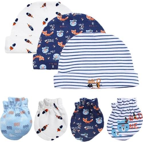 Cotton Anti-scratch Gloves Hat Gift Newborn Cap Glove Set Baby No Scratch Gloves Infants Gloves Set 3 Hats 4 Pairs Of Mittens