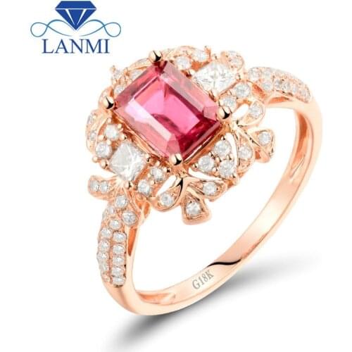 Flower Shape Diamond Ring Emerald Cut 5X7mm 18K Rose Gold Natural Tourmaline Ring WU288