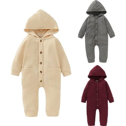 0-18M Newborn Baby Boy Girl Long Sleeve Solid Color Hooded Romper Jumpsuit Playsuit Outfits Baby Clothes