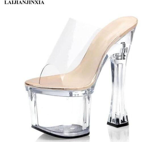 LAIJIANJINXIA New Crystal Wedding Shoes Female Fashion Girl Dress Slippers 18 CM High Heels Waterproof Stripper Womens Shoes