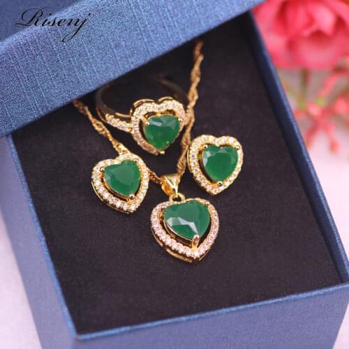 Many Colors Rose Gold Jewelry For Women Top Rose Red/Apple Green Zircon Adjustable Ring Earrings Necklace Set Bridal Jewelry