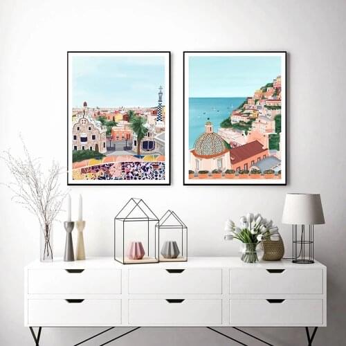 Amalfi Coast Wall Art Positano Italy Poster Barcelona City Print Gift Idea Painting Picture Barcelona Home Decor For Living Room