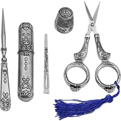 LMDZ Embroidery Scissors and Case,Complete Vintage Sewing Tools with Sewing Needle Case,Awl,Finger Cot for Sewing,Cutting
