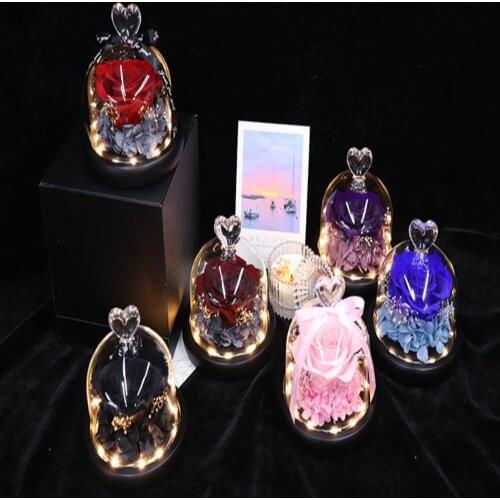 Mothers Day Gift Dried Flower Glass Dome Valentines Day Beauty And Beast Eternal Real Rose Home Decor With Led