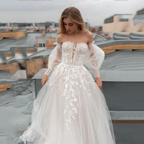Lush Wedding Dress Detachable Puffy Tulle Sleeve Straight Neckling Bridal Gowns A-Line Elegant Sweep Train Vestidos De Novia