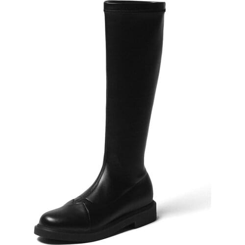 PU Low-Heel Flat Knee-Length Boots, Suture Side Zipper Long Tube Street Fashion Womens Boots Thick Bottom Non-Slip Rubber