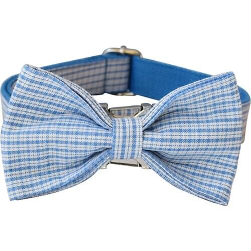 Grid 12s Leser Engraved Dog Collar Retailing Cool Plaid Collar HandmadeTraction Rope Blue little grid