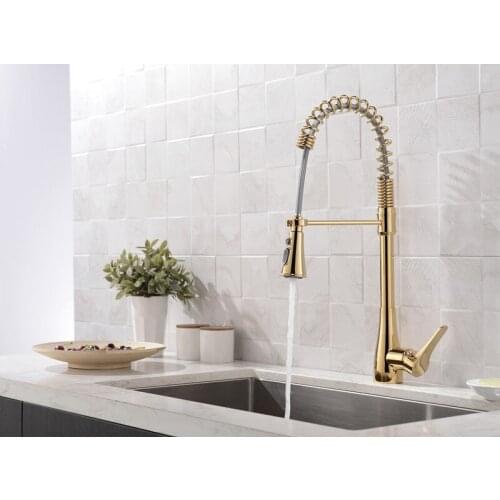 Free Ship Pull Out /Down Sprayer Kitchen Bar Sink Tall Faucet Mixer tap single hole deck mounted Gold pvd color