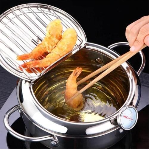 20/24cm Japanese Deep Frying Pot with a Thermometer and a Lid 304 Stainless Steel Kitchen Tempura Fryer Pan
