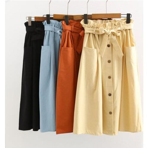 2019 Fashion Summer High Waist Skirt Women Elastic waist Cotton A-line Skirts Belt slim Big pocket Single-breasted Skirts G498