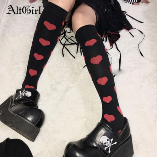 AltGirl Harajuku Gothic Punk Socking Women Vintage Lolita Heart Printed Tube Socks Streetwear Emo Alternative Middle Tube Socks
