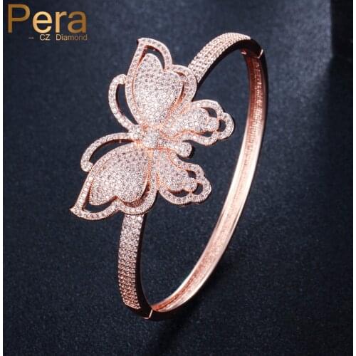 Pera Top Quality AAA+ Cubic Zirconia Rose Gold Color Open Cuff Butterfly Shape Bangle For Women Jewelry Fashion Accessories Z011
