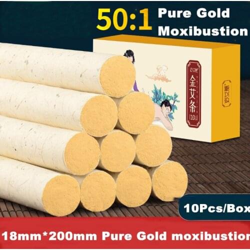 10pcs/Box 50:1 Long Gold Moxa Sticks Chinese Moxibustion Acupuntura Point Heating Therapy Pure Moxa Roller Wholsale