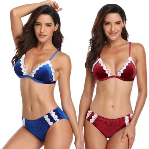 Bikini Sexy Swimsuit Gold Velvet Fabric Lace Split Bikini with Chest Pad Without Steel Support Swimming European and American