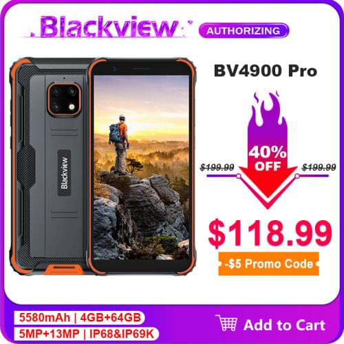 Blackview BV4900 Pro 4GB+64GB 5.7" IP68 Waterproof Rugged SmartPhone Octa Core Android 10 5580mAh NFC 4G Mobile Phone