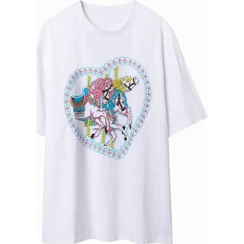 Oversize Girls Soft Cotton O Neck T-shirt 2021 Summer Office Ladies Casual Loose Women Carousel White Short Sleeve Top