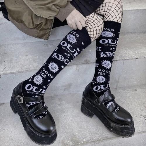 Punk Grunge Stockings Women Dark Magic Star Moon Printed Socks Gothic Clothing Accessories Y2K Mall Goth Harajuku Egirl