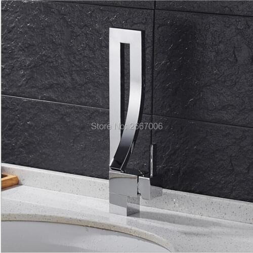 Free shipping Unique Design Chrome Brushed Waterfall Basin Faucet Tap Deck Mounted Brass Hot & Cold Bathroom Mixer Faucet ZR656