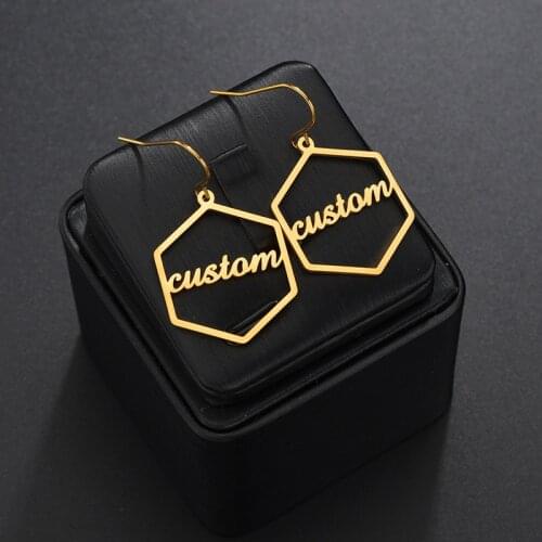 HUHUI Customized Name Earrings Personalized Hexagon Hollow Pendant Geometric Ear Stainless Steel Women Stud Jewelry Best Gift