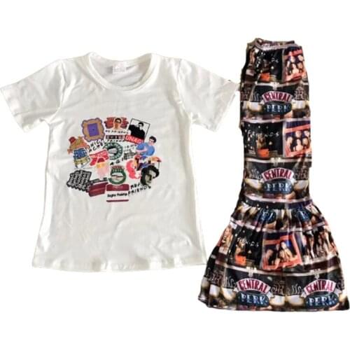 Summer baby girls two piece milk silk white printed short sleeves with plaid flared pants boutique set20