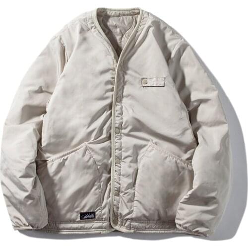 Fashion Mens Autumn and Winter Casual Loose Cotton Padded Jackets Both Sides Wear Japanese Style Collarless Solid Color Coats