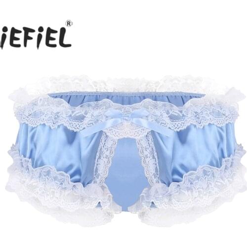 Mens Lingerie Jockstrap Slips Hombre Gay Panties Fabric Ruffled Lace Sexy Frilly Ruffled Open Crotch Pouch Sissy Underwear